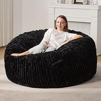 5ft Bean Bag Chairs for Adults Large Beanbag Chair with Stripe Plush Cover Big Bean Bag Chair for Living Room Bedroom Dorm Office -Black (50” x 50” x 24”)
