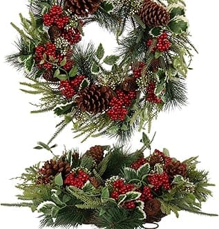 Christmas Wreath for Front Door 22 in– Artificial Pine with Red Berries and Pinecones, Full and Lush Holiday Door Decoration for Indoor/Outdoor Use – Handcrafted Festive Greenery Wreath