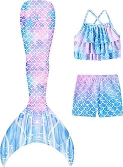 Girls Mermaid Bathing Suit 3PCS Cute Ruffle Tankini Swimsuits with Boyshort Fish Tail Kids Beach Swimwear 3-11Y