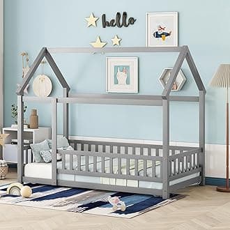 Twin Size House Frame Wooden Montessori Floor Bed with Fence for Kids, Gray