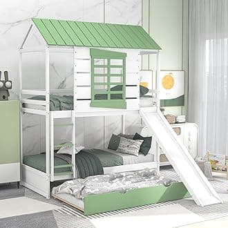 House Bunk Beds with Slide for Kids, Wood Twin Over Twin Bunk Beds with Trundle and Convertible Slide,Slide Playhouse Bed with Roof, Windows, Ladder and Guardrails for Girls Boys