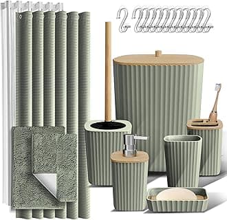 Clara Clark Bathroom Accessories Set - Bathroom Set, Bathroom Sets with Shower Curtain and Rugs, Shower Curtain Set with Trah Can - Light Sage Green - 22PC