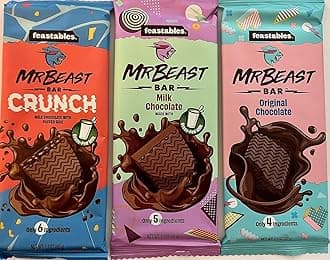 Feastables Mr. Beast Bar Variety Bundle, Milk Chocolate Crunch, Milk Chocolate, Original Chocolate Beast Bars Pack of 3