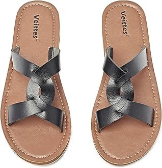 Veittes Women's Flat Slide Sandals - Casual Cross Strappy Elastic Strap Spring Summer Shoes.