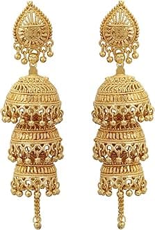 Sparkle World Gahne Mall South Indian 3 Layers Gold Plated Oxidized Jhumka Earrings for Women's
