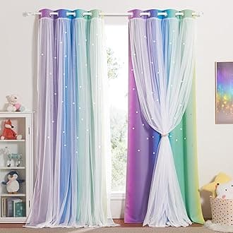 NICETOWN Kids Blackout Curtains - Stars Cut Out Thermal Curtains for Nursery Girls Boys Bedroom Living Room Rainbow Drapes with Eyelet, 2 Panels W52 x L84 Inch (132x213 cm), Purple Blue Green Yellow