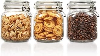 Vtopmart 34oz Glass Food Storage Jars with Airtight Clamp Lids, 3 Pack Kitchen Canisters for Flour, Cereal, Coffee, Pasta and Canning, Square Mason Jar with 8 Chalkboard Labels