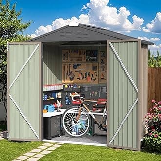 Greesum 6×4 FT Outdoor Storage Shed, Metal Storaged Sheds Without Floor, Tool Sheds with Lockable Doors and Sloping Roof for Garden, Patio, Backyard, Brown