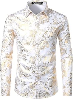 PARKLEES Men's Luxury Paisley Gold Shiny Printed Stylish Slim Fit Button Down Dress Shirt
