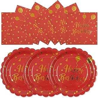 50PCS Happy Birthday Paper Plates and Napkins Party Decorations - 7 Inch Scalloped Red and Gold Dessert Plates and 6.5 Inch Napkins Disposable Tableware Set Birthday Party Supplies, Serves 25