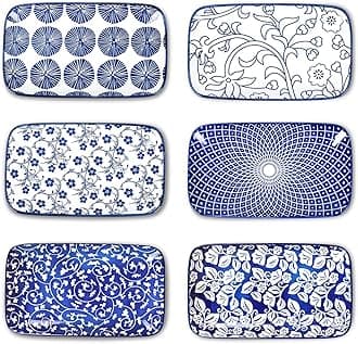 Selamica Rectangular Salad Plates, 7.1 Inch Dessert Plates Ceramic, Small Plates for Appetizer, Snack, Sushi, Fruit, Set of 6, Vintage Blue