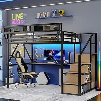 Queen Size Loft Bed with Stairs and Desk, Metal Gaming Loft Bed Frame with Bedside Shelf and Light, Heavy-Duty Adults Lofts Beds with Storage Wardrobe & Charging Station, Black