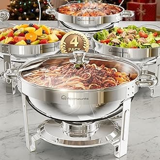 Warmounts 5QT Chafing Dish Buffet Set 4 Pack, Round Chafing Dishes for Buffet with Glass Lid & Lid Holder, Serving Utensils, Stainless Steel Chafers for Catering for Dinner, Parties, Wedding, Camping