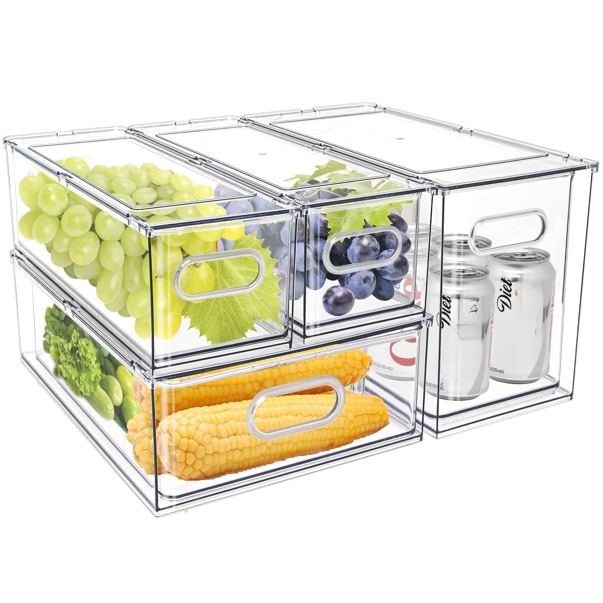Fridge Drawer Pull Out Stackable Bins with Handle Clear Refrigerator Drawers Organizer Food Storage Container Box with Dividers Plastic Produce Saver for Pantry, Cabinet, Kitchen, Clothes（4Pack）
