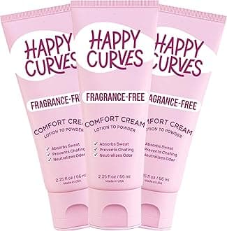 HAPPY CURVES Lotion to Powder Anti Chafing Odor Control Cream for Women: Aluminum-Free Cream for Private Parts, Under Breast, & Body 2.25 Fl Oz (3 Pack, Fragrance-Free)
