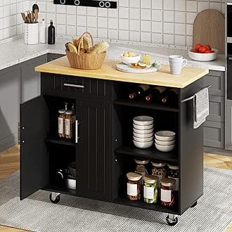 Kitchen Island Cart on Wheels with Storage Cabinet & Drawer, 42" Multifunction Kitchen Cart Cabinet with Shelves, Cart Handle for Towel Rack or Free Mobility,Black