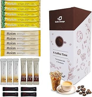 Maxim & KANU Premium Korean Instant Coffee Sampler White, Mocha Gold, Americano, Latte Café-Style Camping Party Easy-to-Mix Single Serve Packets Variety Pack 20 Sticks (6 Flavors)