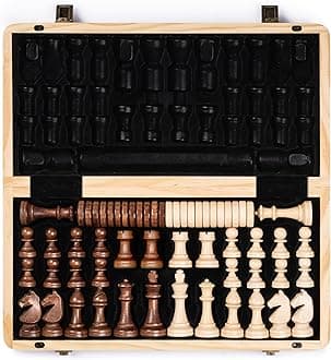 A&A 15" Magnetic Wooden Chess & Checkers Set/Folding Board / 3" King Height German Knight Staunton Chess Pieces/Walnut & Maple Inlaid /2 Extra Queen