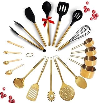 Black and Gold Kitchen Utensils Set - 19 PC Luxury Set Includes Stainless Steel Gold Cooking Utensils Set, Silicone Cooking Utensils, Gold Measuring Cups and Spoons -Black and Gold Kitchen Accessories