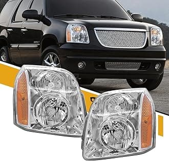 CLERYYE Headlight Pair Assembly Compatible with 2007-2014 GMC Yukon/Yukon XL 1500 2500 [Denali Style], OE-Style Head Lamp Replaces OE#15861026 15861025, Chrome+Amber, Left and Right Side
