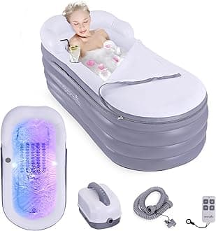Spa Bathtub with Bubble Massage Mat – Inflatable Bathtub with Pillow, Cup Holder, Remote Control for LED Lighting, Backrest and Armrests, Supporting Up To 190 lbs. 66" x 30" x 26"