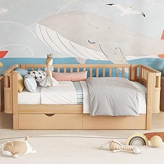 KEIKI Twin Size Wooden Floor Day Bed w/Large Storage Drawers, Montessori Platform Bed Frame w/Removable Safety Rails, Space Saving Corner Kids Beds for Boys Girls Bedroom, No Box Spring Needed, Brown