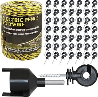 Upgraded Electric Fence Poly Wire 330 Feet 100 Meters 1/8" Dia Portable Electric Fencing Polywires and 50 Pcs Black Electric Fence Insulator