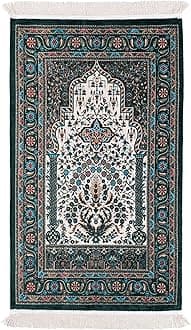 Turkish Traditional Woven Muslim Prayer Rug, Comfortable, Foldable and Portable Islamic Prayer Mat for Men & Women, Soft Cotton and Luxury Liner Ottoman Prayer Rugs, Ramadan or Eid Gift Box (Green)
