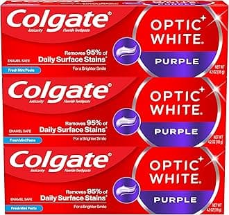 Colgate Optic White Purple Toothpaste for Teeth Whitening, Teeth Whitening Toothpaste with Fluoride, Helps Remove Surface Stains, Enamel-Safe for Daily Use, Mint, 3 Pack, 4.2 oz