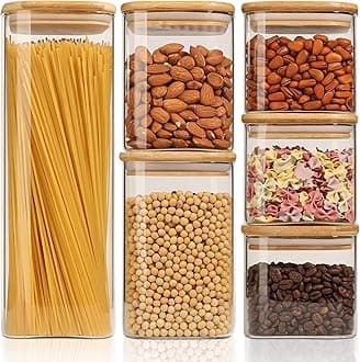 ComSaf Glass Storage Jars with Bamboo Lid Set of 6, Clear Food Storage Container Jar with Sealing Lid for Noodles Flour Cereal Rice Sugar Tea Coffee Beans, Square