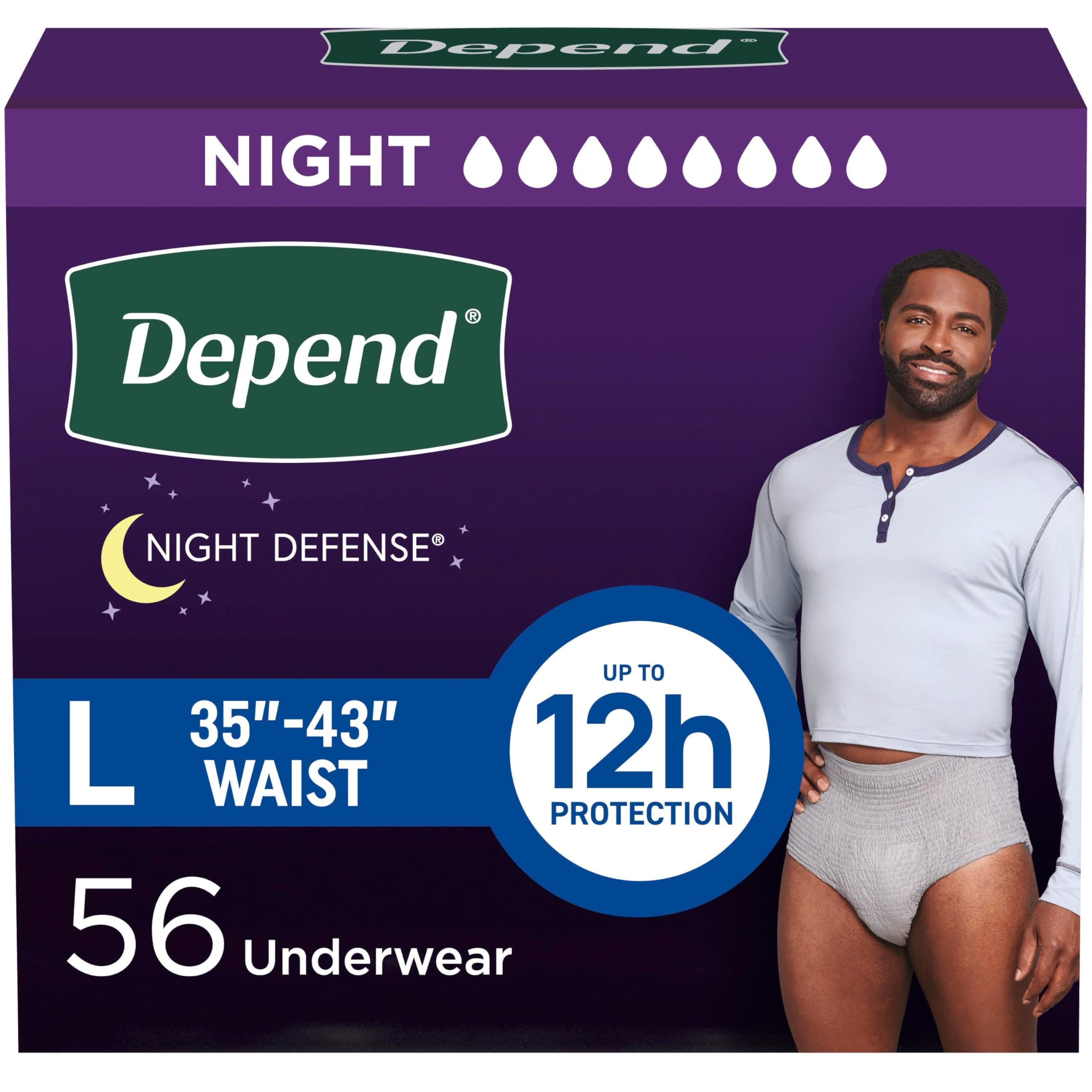 Night Defense Adult Diapers, Incontinence Underwear for Men, Disposable, Overnight, Large, Grey, 56 Count (4 Packs of 14), Packaging May Vary