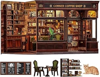 Fsolis Book Nook Kit - DIY 3D Puzzles for Adults Coffee House Library Model Bookshelf Diorama Building Kit, Craft Gifts for Women Readers Book Lovers (Corner Coffee Shop)
