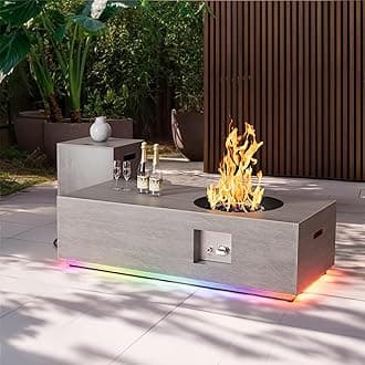 48" Propane Fire Pit Table Round Burner with Multiple Color LED Lights – 50,000 BTU Fire Pit Table with Lid, Rocks, Cover and Tank Storage - Outdoor Fireplace Table (Grey/RGB Light, 48" LED)