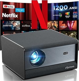 [1200 ANSI/Netflix-Licensed/30W Dolby Audio] ELEPHAS Smart 4K Projector with WiFi and Bluetooth, Dust-Proof Sealed UHD Video Projector, Auto Focus/Keystone, Portable Home Theater for Indoor/Outdoor