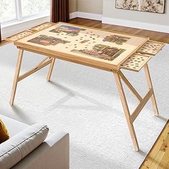 TEAKMAMA 27.6" H Tall 2000 Piece Puzzle Table with Legs, 41" W x 28.5" D Large Wood Folding Jigsaw Puzzle Board with Cover for Adults, 4 Drawers, Nature