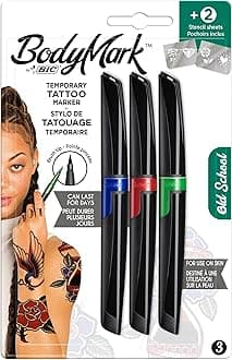 Bic BodyMark OLD SCHOOL - Temporary Tattoo Markers, Cosmetic Quality for Use on Skin - Pack of 3 Assorted Colours and 2 Stencil Sheets for Timeless Designs - Pack of 3+2