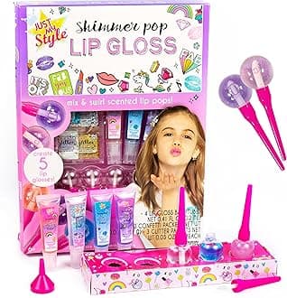 Just My Style Shimmer Pop DIY Lip Gloss Kit, Create 5 Lollipop-Shaped Glosses, Includes Funnel, Empty Containers, Sweet Base, Body Glitter & More, Multi (208316J)