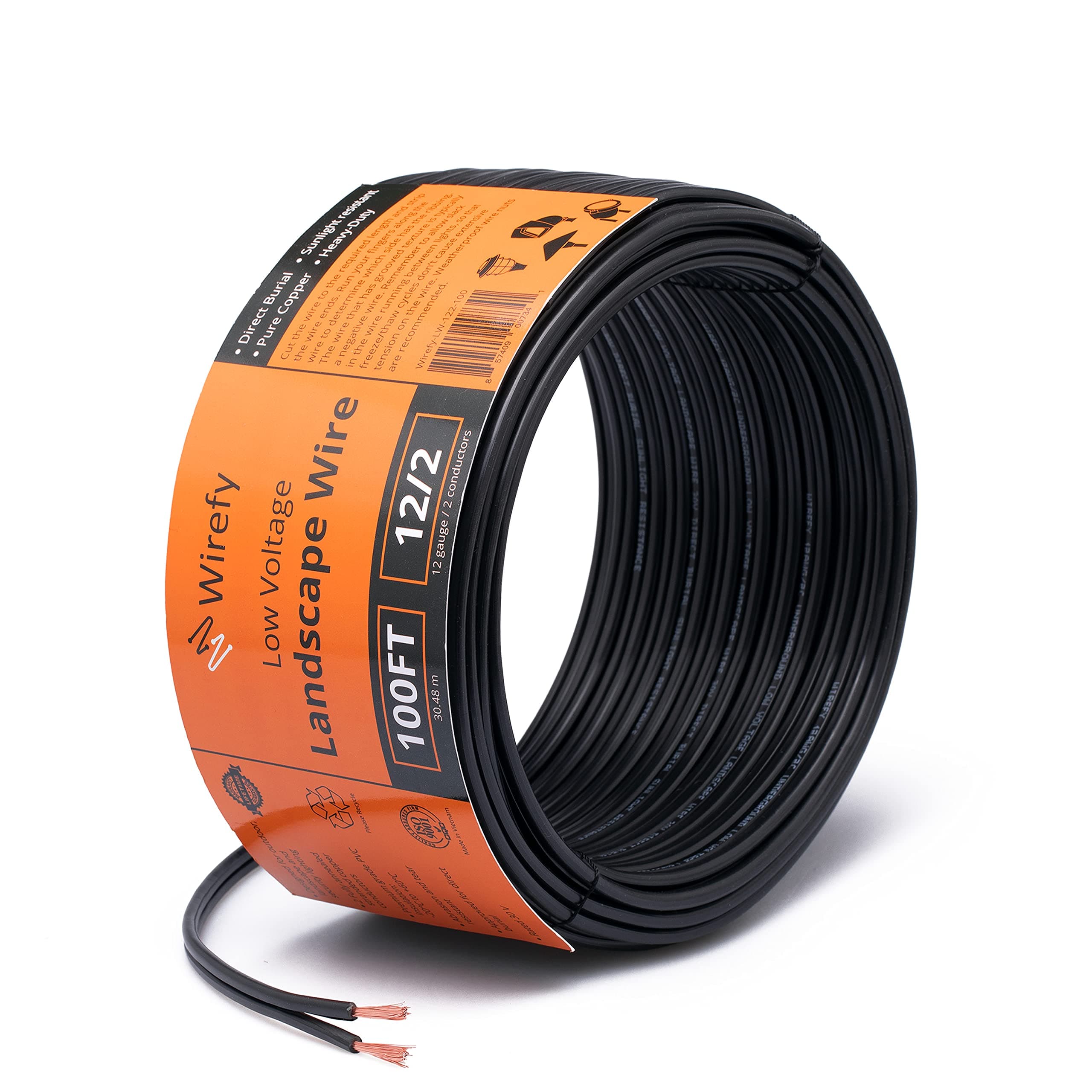 Wirefy 12/2 Low Voltage Landscape Wire 100 ft | Low Voltage Landscape Lighting Wire | Pure Copper | Outdoor Direct Burial | 12-Gauge 2-Conductor 100 Feet | UL Listed