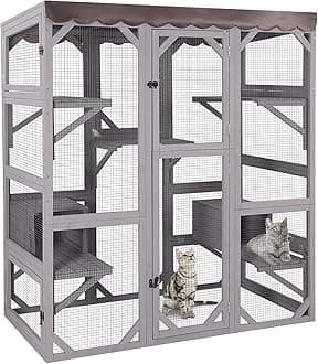 - GUTINNEEN Catio Outdoor Cat Enclosure 70" Large Wooden Cat House Walk-in Cat Cage Kitty Shlter Playpen with 7 Platforms, 2 Resting Boxes, Waterproof Cover for 2-6 Cats (Grey)