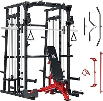 Major Fitness SML07 Machine All-in-One Home Gym Power Cage with Weight Bar and Two LAT Pull-Down Systems and Cable Crossover Machine, Exercise Attachment