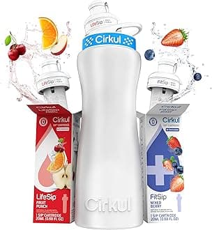 Cirkul 22oz. White Stainless Steel Water Bottle Starter Kit with Blue Lid, 2 Flavor Cartridges (1 LifeSip Fruit Punch and 1 FitSip Mixed Berry) No Sugar, Zero Calorie Drink Mix