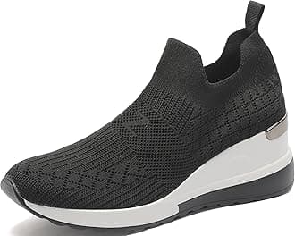 High Heel Black Wedge Sneakers for Women Knit Upper Breathable Shoes