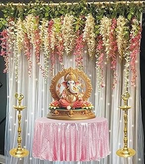 19pcs Elegant White Sheer Backdrop with Pink & Cream Wisteria with for Festive Home Decor Celebration | Enhance Your Home with Ganpati Pandal Decoration Kit