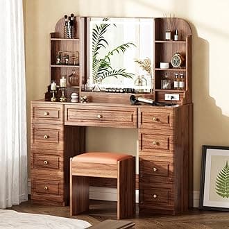 Arulvmrn 43" Makeup Vanity Desk with Mirror and Lights, & Power Outl, Glass Top Big Vanity Table with 9 Drawers& 8 Storage Shelves, Dressing Table Set with Chair for Bedroom, Brown