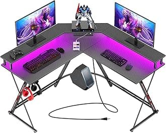 SEVEN WARRIOR L Shaped Gaming Desk with LED Lights & Power Outlets, 50.4” Computer Desk with Monitor Stand, Corner Desk with Carbon Fiber Surface, Gaming Table with Hooks, Black