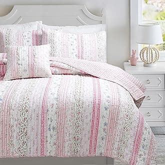 Pink Flower Lace Ruffle Stripe Shabby Chic Girl 100% Cotton Reversible Quilt Bedding Set, Coverlet, Bedspread (Pink Lace, Twin - 2 Piece: 1 Quilt + 1 Sham)