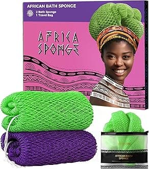 Authentic African Net Sponge with Knots - 2 Purple & Green Exfoliating Body Scrubbers for Women - Back Scrubber Shower Exfoliator