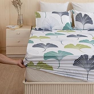 HOMEMONDE 100% Cotton Fitted Bed Sheet for Double Bed, Ginkgo Leaf Printed All Around Elastic Bedsheet (78 x 60 Inch) with 2 Pillow Cover | Perfect for Home Decor & Gifting