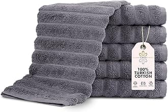 Classic Turkish Towels - Washcloths - Set of 6, 600 GSM, 13"x13" - 100% Turkish Cotton, Jacquard Ribbed, Highly Absorbent & Quick Drying Bathroom Essentials (Grey)