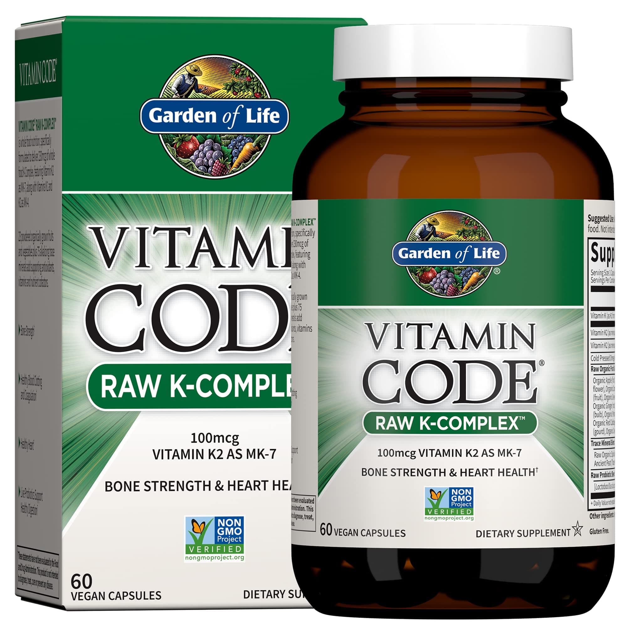 Garden of Life Vitamin K2 and K1, Vitamin Code Vegan K Complex Vitamin for Bone Strength and Heart Health, Omega Rich Flax Seed Oil, Trace Minerals, Probiotics, 60 Day Supply